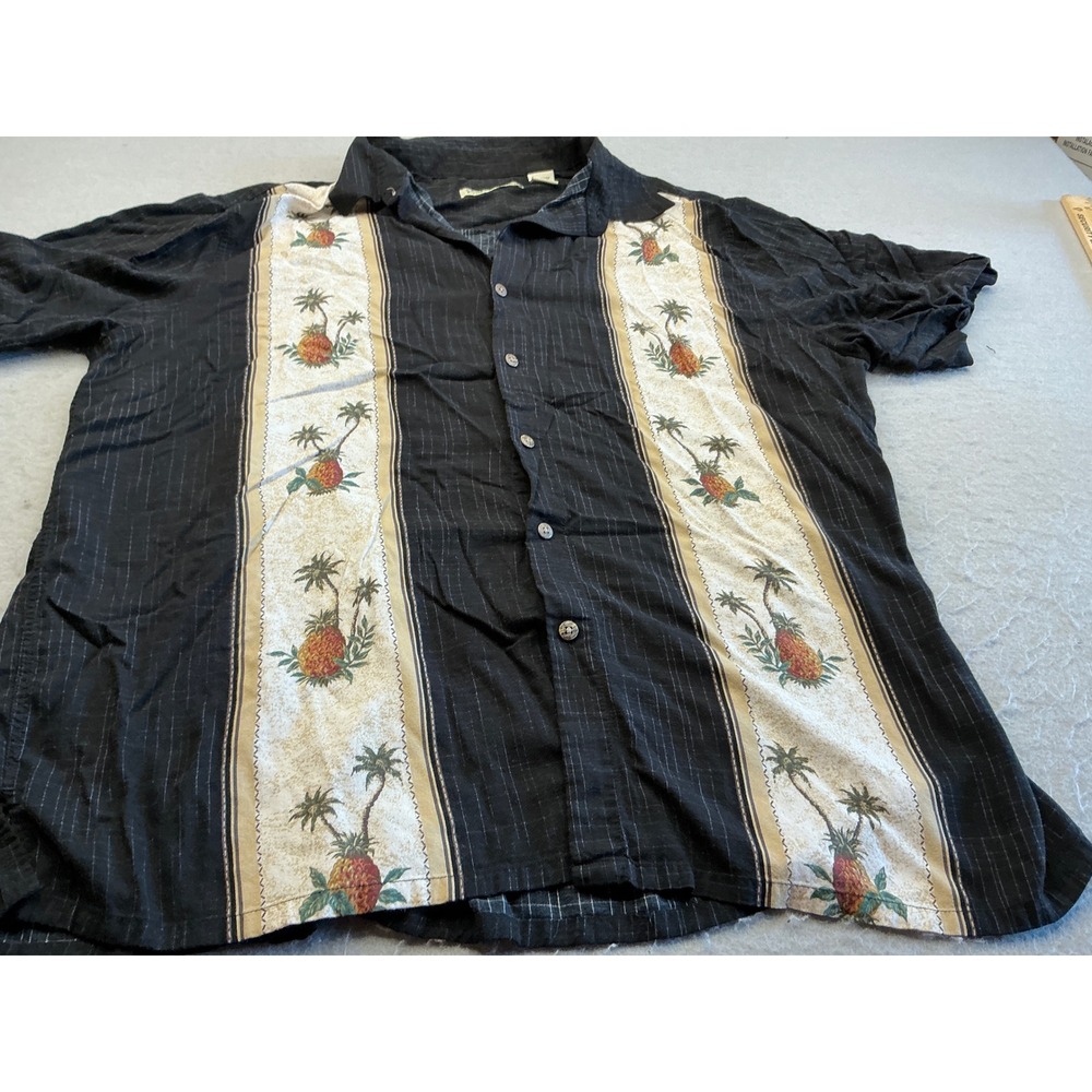 Batik Bay Vintage Button Down Shirt Pineapple Palm Tree Panel Black XL Rayon